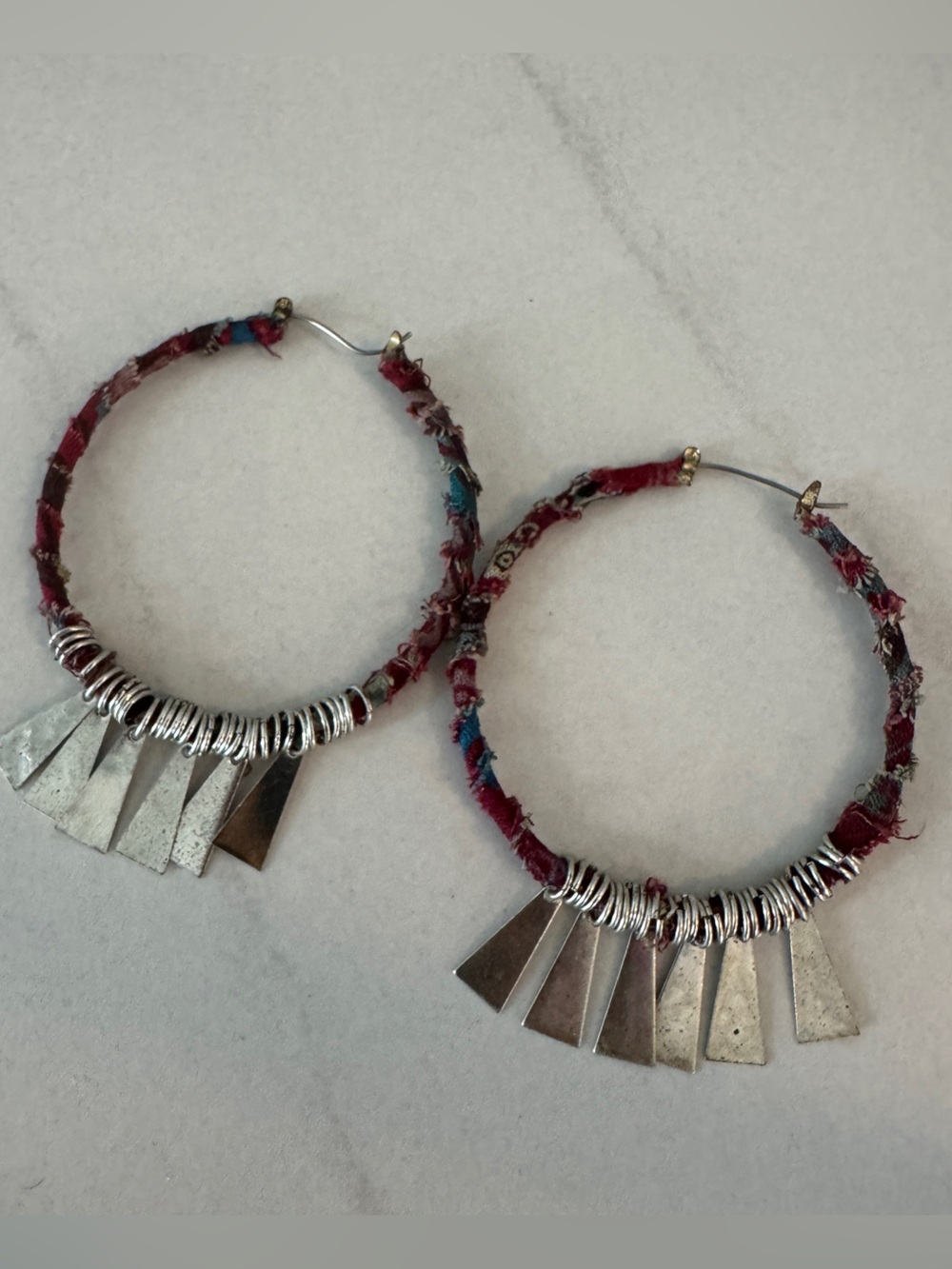 Free People Red Fabric-Wrapped Hoop Earrings with Silver Charms